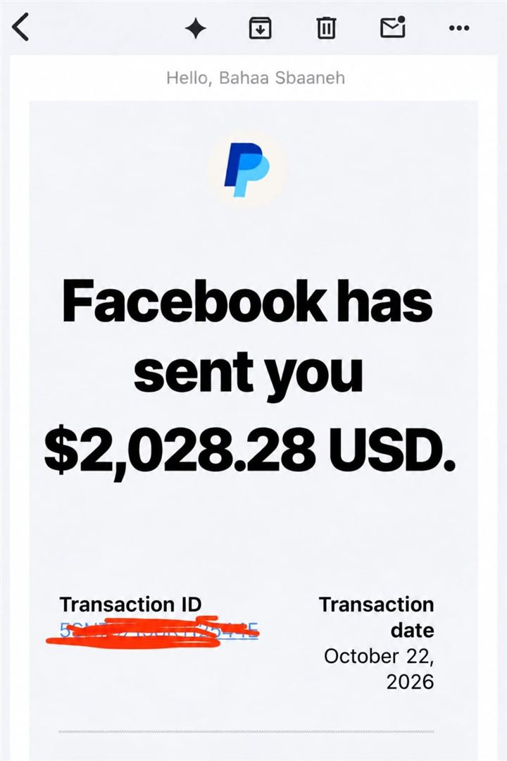 إيميل PayPal: Facebook has sent you $2,028.28 USD بتاريخ 22 أكتوبر 2026