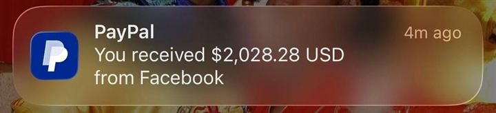 إشعار PayPal: You received $2,028.28 USD from Facebook