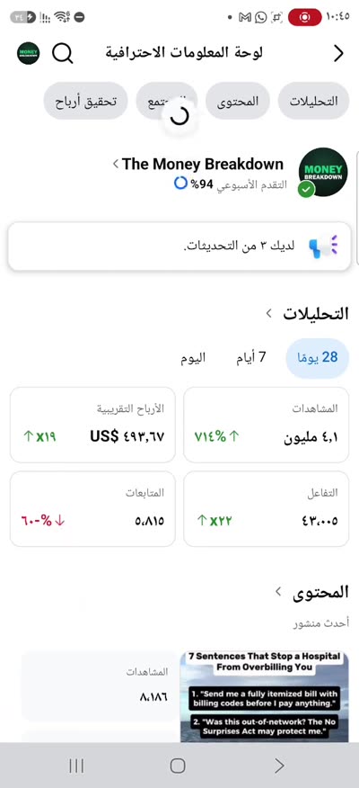 جولة بلوحة صفحة The Money Breakdown: 493.67 دولار و4.1 مليون مشاهدة بآخر 28 يوم