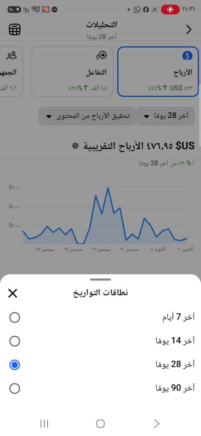 تسجيل شاشة: الأرباح التقريبية 476.95 دولار بآخر 28 يوم